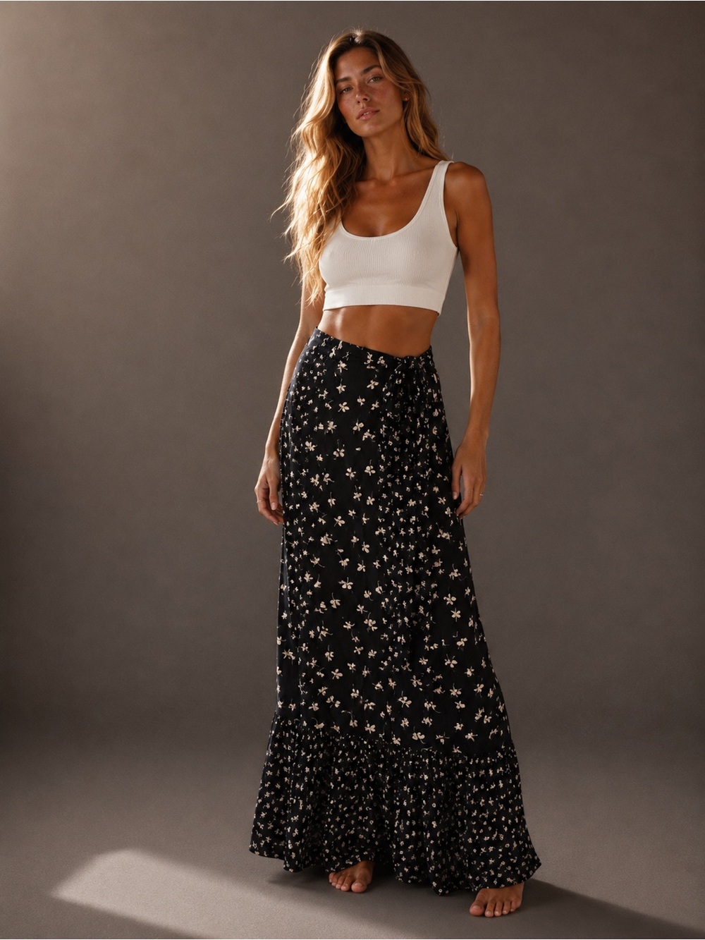 Melloday Mixed Floral Tie Waist Full Length Maxi Skirt XL